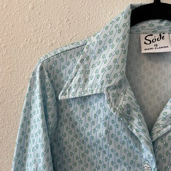 Vintage 70's Button Up Shirt Women's 18 Sodi Miami Blue Disco Dagger Collar - Picture 4 of 14